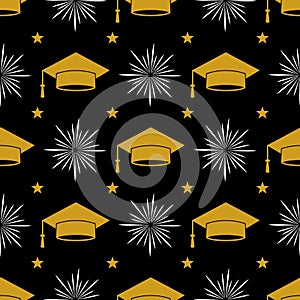 Graduation hat seamless pattern. Grad ceremony backdrop. Vector template for fabric, textile, wrapping paper, wallpaper