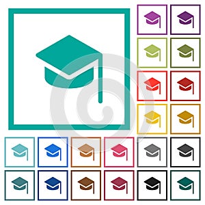 Graduation hat solid flat color icons with quadrant frames