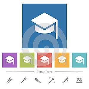 Graduation hat solid flat white icons in square backgrounds