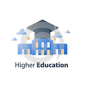 Graduation hat and university building, higher education, business training course, scholarship concept, academy study