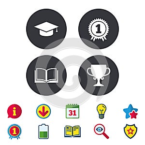 Graduation icons. Education book symbol.