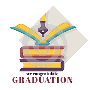 Graduation isolated greeting icon books pile and pen