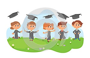 Graduation kids background. Happy successful student, academic hats flying. Cute graduated children, jumping cartoon boy