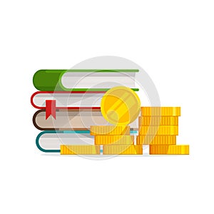 Graduation knowledge cost or expensive education or scholarship loan vector, flat cartoon money and stack of books, idea