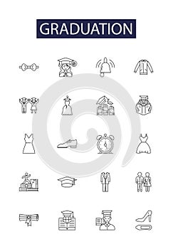 Graduation line vector icons and signs. Celebration, Graduate, Degree, Education, Finale, Cap, Gown, Diploma outline