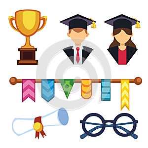 Graduation man and woman silhouette uniform avatar vector illustration. Student education college success character with