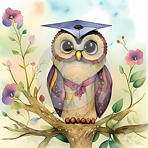 Graduation Owl Adventures - Playful Kids\' Storybook Style Muted Watercolor Art