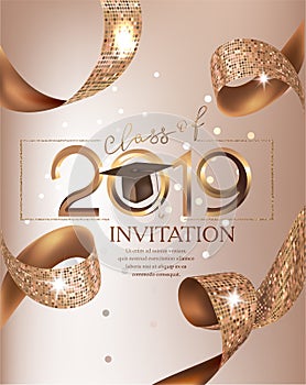 Graduation party class 2019 beige card with golden ribbons.