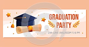 Graduation party horizontal banner with cap with tassels and scrip. Vector layout template. Degree ceremony invite