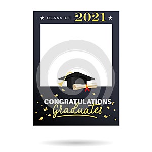 Graduation photo frame with university or high school cap. Class of 2021