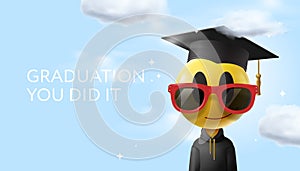 Graduation poster, cartoon emoji wearing sunglasses and a graduation cap, vector illustration