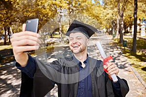 Graduation selfie, college student and man on campus, university and profile picture with diploma or certificate
