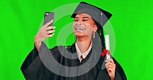 Graduation, selfie and green screen or young student smile for picture in gown and isolated on mockup. Face, happy and