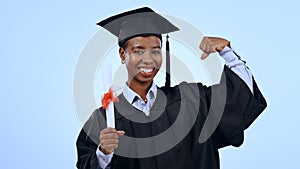 Graduation student, woman power and learning motivation, education or study goals and success in studio. Portrait of