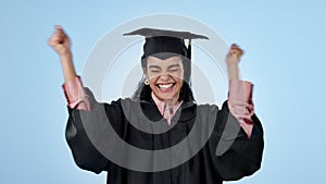 Graduation success, celebration or happy student in studio with education, college or university goal. Smile, win or
