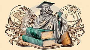 graduation symbols, cap, books, and sapient statue, flat character, vector ,
