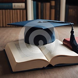 graduation time, a student corner with graduation hat and an education books