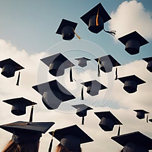 graduation time, a students graduation hats flying in the air