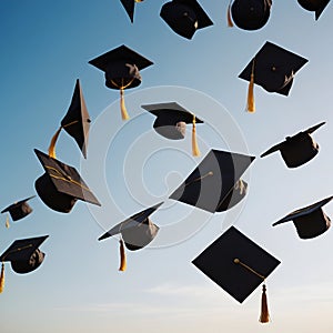 graduation time, a students graduation hats flying in the air