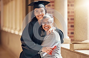 Graduation, university and portrait of mother with girl at academic ceremony, celebration and achievement. Family