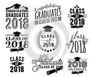 Graduation wishes overlays labels set. Monochrome graduate class of 2018 badges