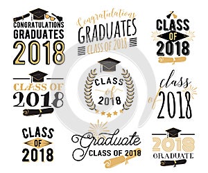 Graduation wishes overlays, labels set. Retro graduate class of 2018 badges