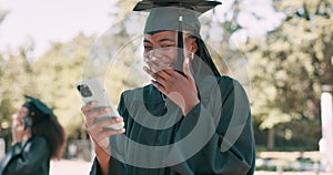 Graduation, woman and laughing with phone at college for announcement, achievement and communication. University student
