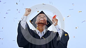 Graduation, woman student and confetti celebration, success and achievement of college or university in studio. Excited