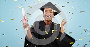 Graduation, woman student and confetti celebration, success and achievement of college or university in studio. Face