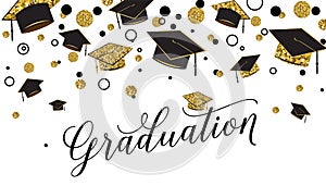 Graduation word with graduate cap, black and gold color, glitter dots on a white photo