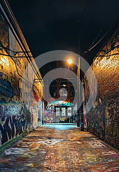 Graffiti Alley at night in Baltimore, Maryland