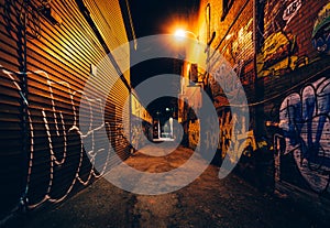 Graffiti Alley at night, in the Fashion District of Toronto, Ont