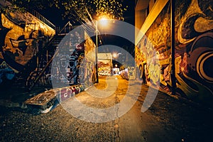 Graffiti Alley at night, in the Fashion District of Toronto, Ont