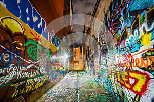 Graffiti Alley at night, in Station North, Baltimore, Maryland