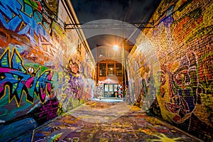 Graffiti Alley at night, in Station North, Baltimore, Maryland