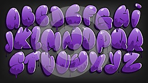 Graffiti alphabet. Bubble graffiti letters. Purple uppercase letters with drips, and spray effect. Graffiti font.