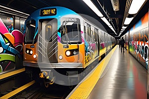 Graffiti Art Splashed Across a Subway Train, Vibrant Tags Intertwining with Skillful Murals, Encapsulating Urban Expression