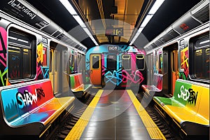Graffiti Art Splashed Across a Subway Train, Vibrant Tags Intertwining with Skillful Murals, Encapsulating Urban Expression