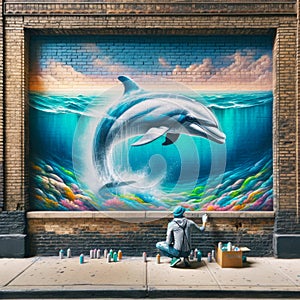 Graffiti Artist Dolphin Mural Painting Ocean Scene Brick Wall Vintage City Building AI Generated