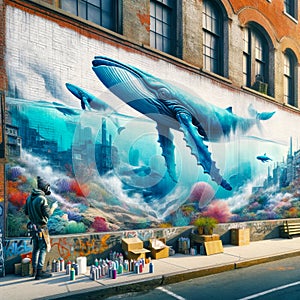Graffiti Artist Ocean Scene Blue Whale Sea Brick Wall Vintage Building City Mural AI Generated