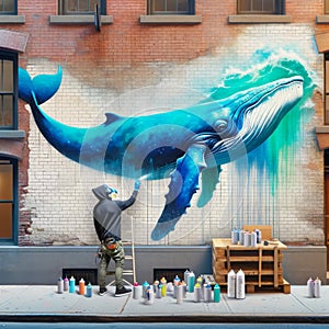 Graffiti Artist Ocean Scene Blue Whale Sea Brick Wall Vintage Building City Mural AI Generated