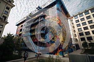 graffiti artist spray-painting intricate mural on the side of a building