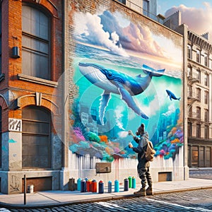 Graffiti Artist Underwater Ocean Scene Blue Whale Brick Wall Vintage Building City Mural AI Generated