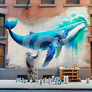 Graffiti Artist Underwater Ocean Scene Blue Whale Brick Wall Vintage Building City Mural AI Generated