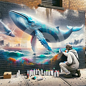 Graffiti Artist Underwater Ocean Scene Blue Whale Brick Wall Vintage Building City Mural AI Generated