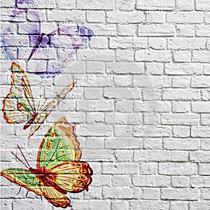 Graffiti beautiful butterflies on a brick wall
