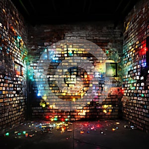 Graffiti brick wall with colorful lights and spotlights