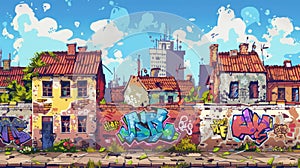 Graffiti on brick wall in ghetto neighborhood. Modern cartoon banner, cityscape with poor dirty houses and teenager