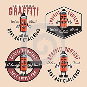 Graffiti contest set of vector colored emblems, badges, labels or logos with spray paint can smiling character on light