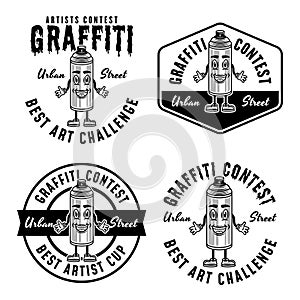 Graffiti contest set of vector monochrome emblems, badges, labels or logos with spray paint can smiling character